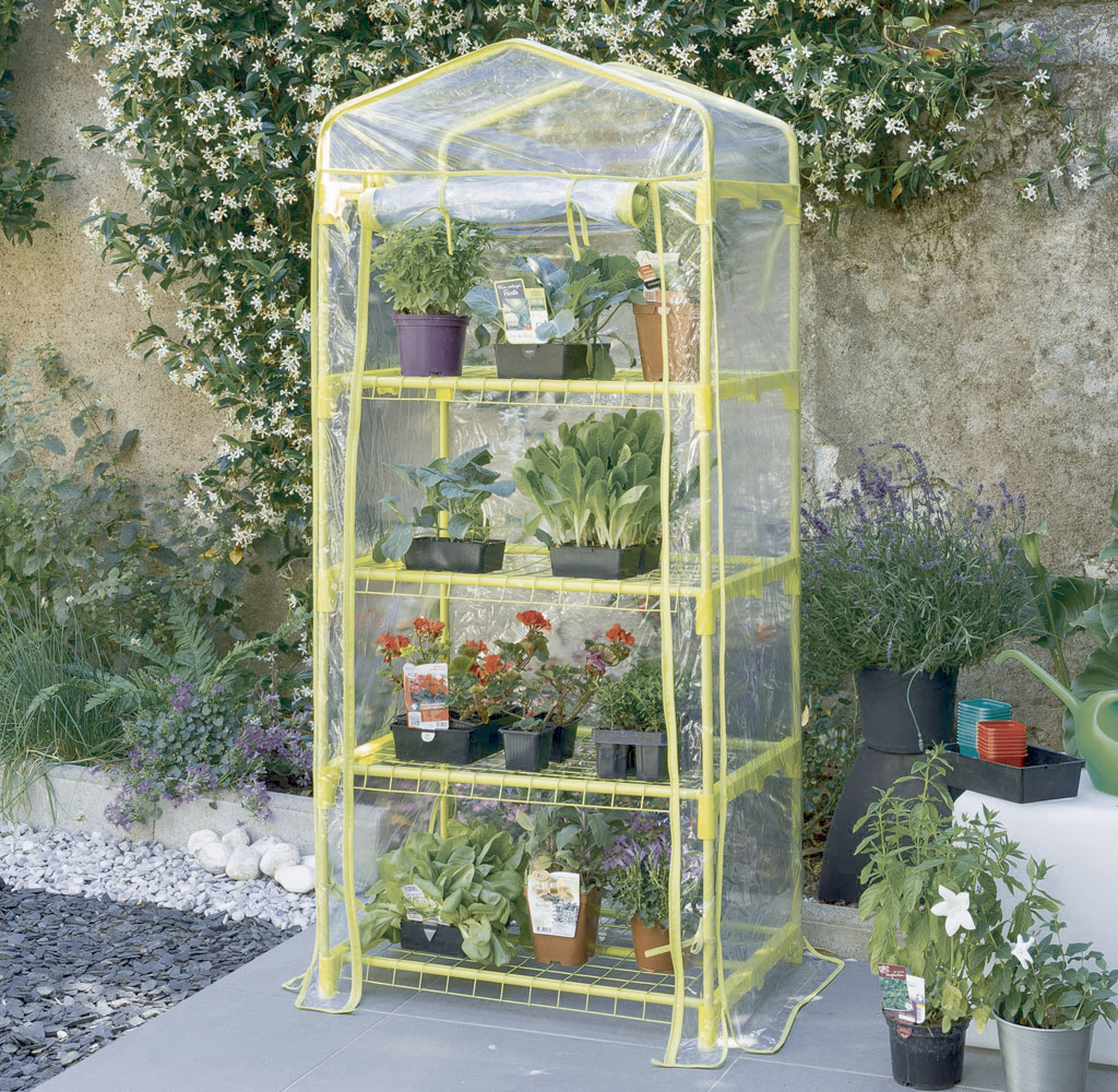 Mini serre de balcon 4 étagères , coloris anis et fuschia nortene